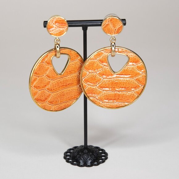 Orange Circle Shape With Cutout Animal Print Texture Faux Gold Trim‎ Earrings - Picture 3 of 11